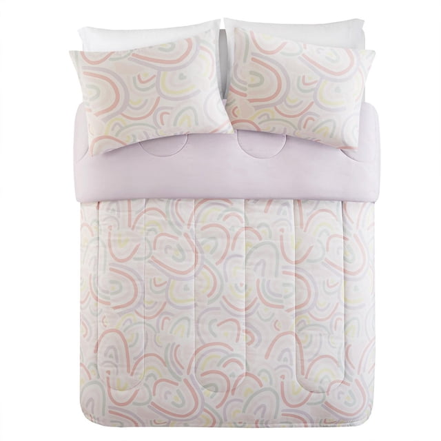 Mainstays Kids Rainbow Comforter Set with twin comforter and two pillow shams featuring pastel rainbow arches in pink, yellow, green, and blue on white, with a solid pastel purple reverse, made of 100% recycled polyester with OEKO-TEX certification and antimicrobial treatment to keep bedding fresher longer.