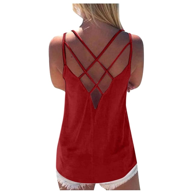 QUINDOS Débardeurs pour Femmes Grande Taille Liquidation Exercice Été Rouge Coton Mode Uni Camisole Col Rond Ample Sans Manches Chandail à Enfiler Hauts Blouse Camisoles pour Femmes