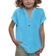 thumbnail image 1 of DecSea Linen Shirts for Kids 2025 Summer Button Down V Neck Short Sleeve Tops Casual Solid Blouses, 1 of 9