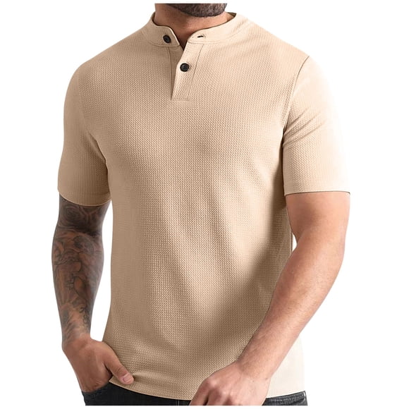cfhntfmh Men's Henley Shirts Knitted Short Sleeve Casual Basic Tee Summer Button Mock Neck Henley Soild Color T Shirts