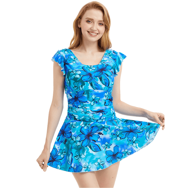 BIMEI Maillot de Bain une-Pièce pour Femme Post-Mastectomie avec Poches, Maillot de Bain à Jupe, Cordon de Serrage, Jupe Froncée Imprimée, Robe de Bain avec Shorty 988, Bleu, 3TG