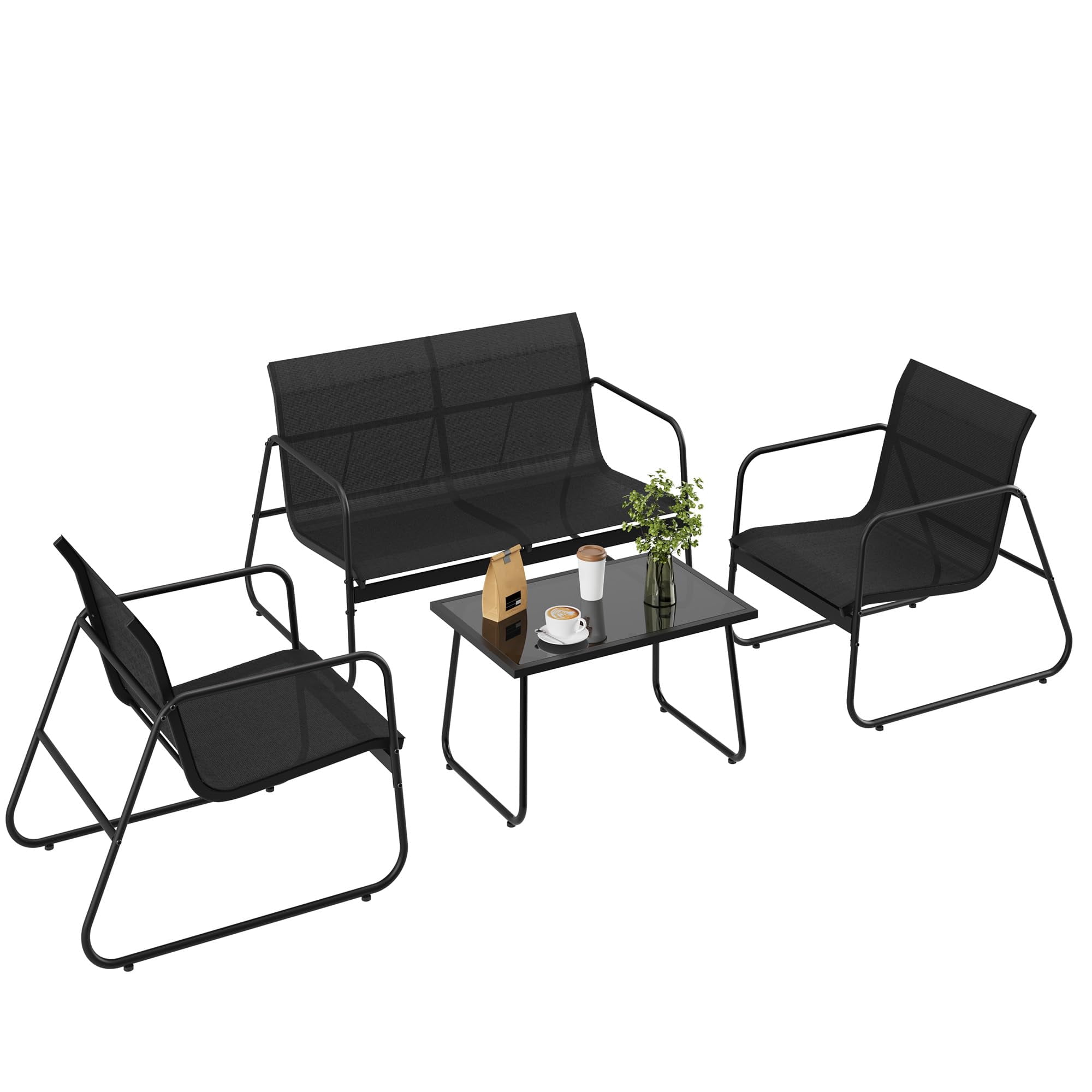 4-Piece Patio Furniture Conversation Set - Textilene Loveseat & 2 Chairs with Tempered Glass Coffee Table (Black) - Modern Outdoor Seating for Garden, Balcony & Poolside