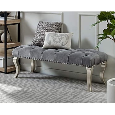 Roundhill Furniture Decor Maxem Tufted Fabric Upholstered Seat with Nailhead Trim Bench, Gray