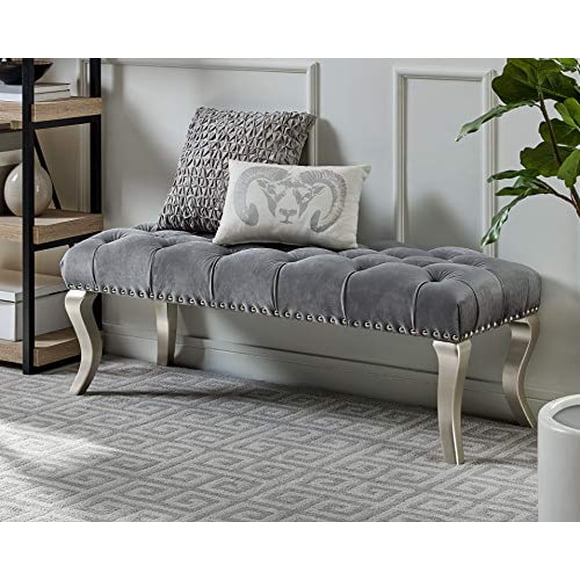 Roundhill Furniture Decor Maxem Tufted Fabric Upholstered Seat with Nailhead Trim Bench, Gray