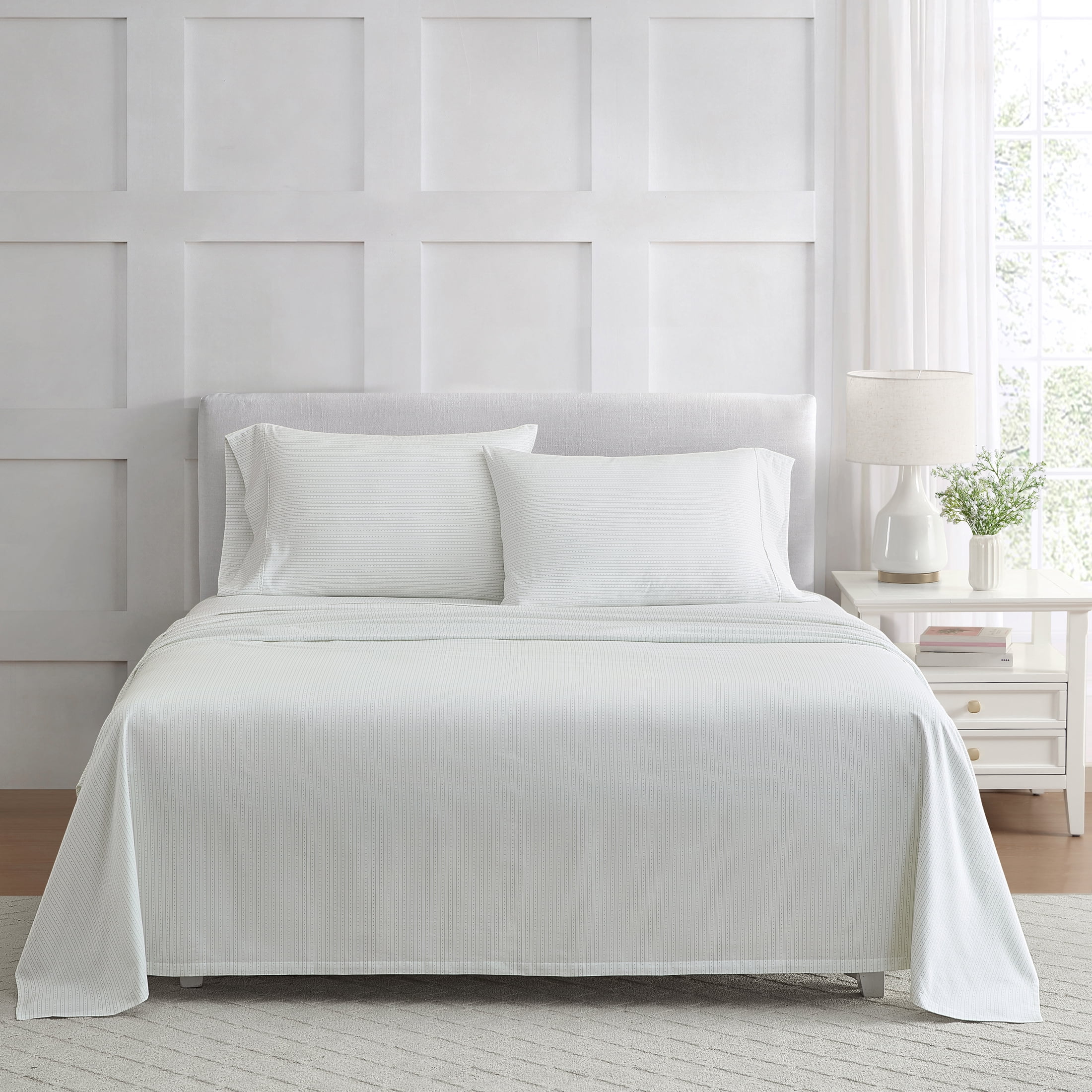 Martha Stewart Everyday Pima Cotton 600 Thread Count Dottie Stripe Green Sheet Set Double