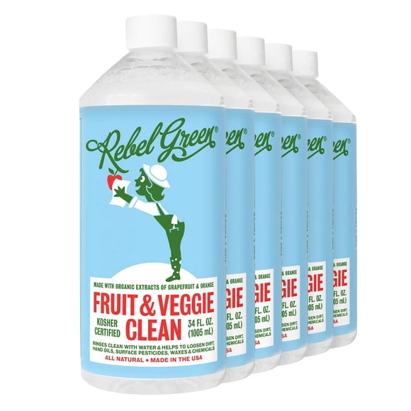 Rebel Green Fruit & Veggie Wash - Natural Produce Wash - Plant-Based Vegetable Wash Spray - Fruit and Vegetable Wash with No Aftertaste - Sustainable Food Wash - (34 oz Refill Bottles, 6 Pack)