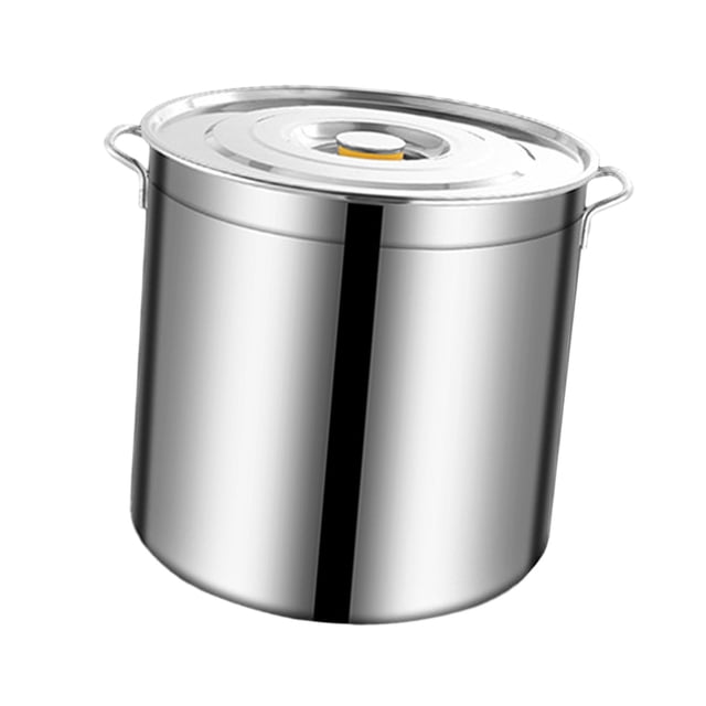 1x Stainless Steel Stockpot for Boiling Strew Simmer Large Soup Pot with Lid Big 6L. A polished stainless steel stockpot with a round design, featuring a dustproof lid that can be hung on the side when opened. The pot has sturdy side handles for easy carrying and a composite bottom for even heating, compatible with induction, gas, ceramic, and electric stovetops. Ideal for steaming, boiling, and cooking large meals in households, hotels, or commercial kitchens.