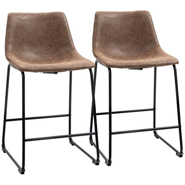 HOMCOM Bar Tabourets, Ensemble de 2, Tabourets de Comptoir avec Dossiers Moyens, Sièges Rembourrés et Revêtement en Similicuir Brun Vieilli. Conçus avec des Cadres en Acier Noirs, des Repose-Pieds et des Patins de Pieds en Plastique pour la protection du Plancher. Convient aux Sièges de Cuisine Ou à la Déco de pub.