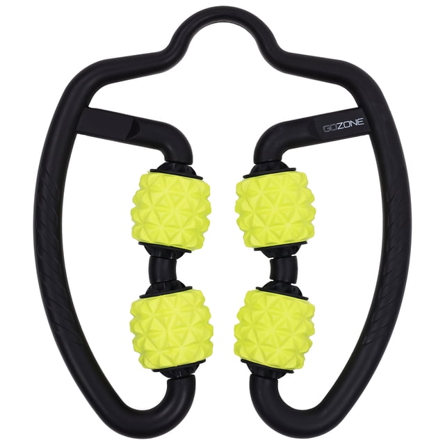 Rouleau de Massage pour Tissus Profonds avec Cadre Ergonomique Noir et Quatre Rouleaux Texturés Jaunes Conçus pour une Pression Ciblée sur les Bras et les Jambes, Fabriqué en PVC durable, Format compact de 9,5 par 11 Pouces Idéal pour la Récupération Musculaire, la Flexibilité et l'Amélioration de la circulation.
