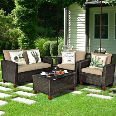 Costway Ensemble de Mobilier de Terrasse en Rotin 4 Pcs, Pieds en Bois Massif, Canapé Coussiné pour Jardin et Pelouse