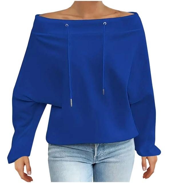 Women's Off Shoulder Sweatshirt Adjustable Drawstring Oversized Long Sleeve Shirt Pullover Basic Slouchy Clothes 2025