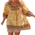 thumbnail image 2 of Robe d'Été Courte de Plage pour Femmes Manches Longues Col en V Boho Vintage Robe Florale, 2 of 9