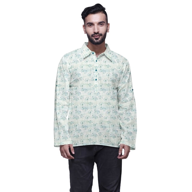 Atasi Printed Button Placket Traditional Kurta for Men Short Kurta Shirt for Boy Teal Blue