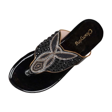 Wdhugt Women'S Bohemian Flat Sandals Rhinestone Embellished Beach Thong Outdoor Casual Pu Flip Flops Size Us 7.5