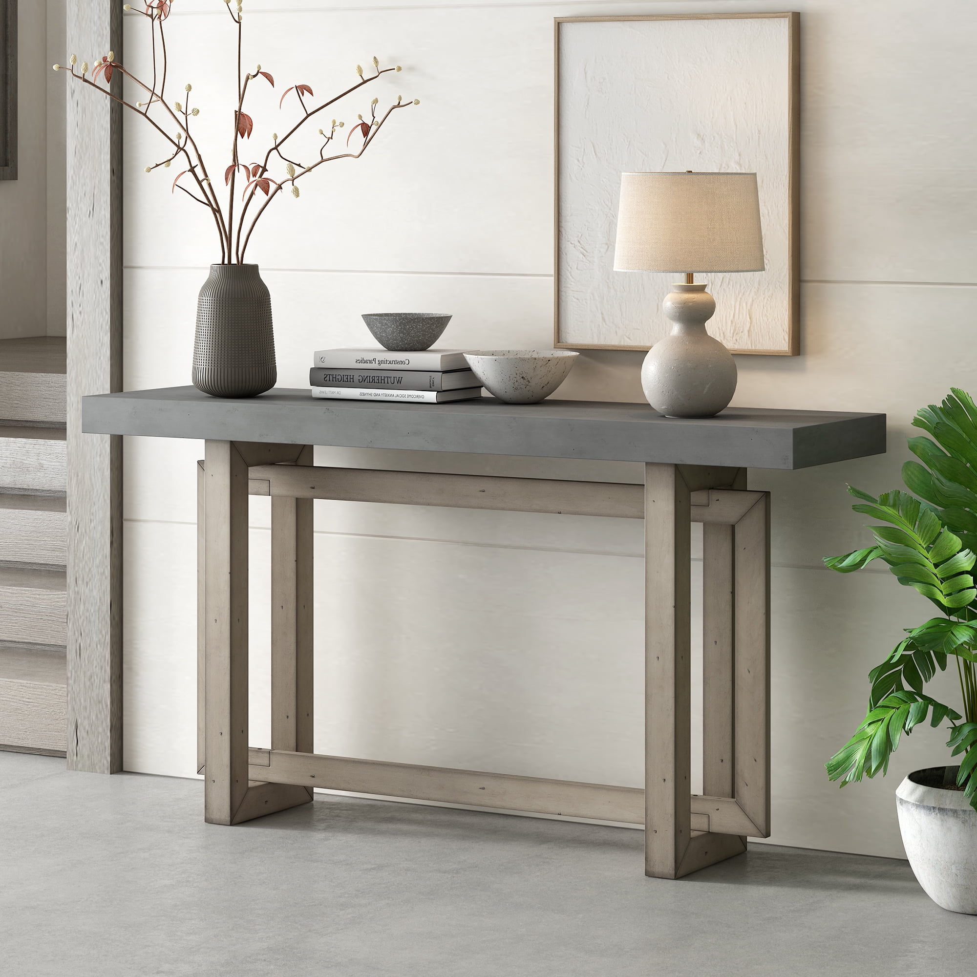 Noble House Table d'Entrée Peinte 59,1 Pouces, Console Design Triple Rectangle en Placage de Pin avec Pieds en Pin Épais, Extra Long, Gris