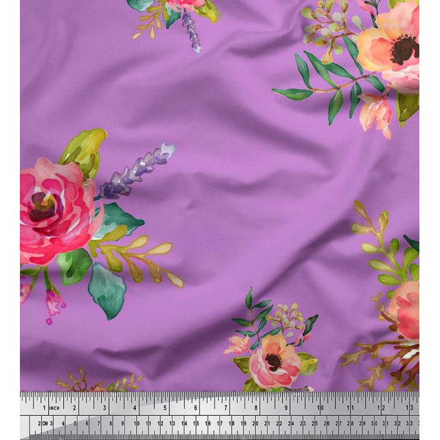 Soimoi Modal Satin Fabric Leaves & Anemone Flower Decor Fabric Printed Yard 42 Inch Wide