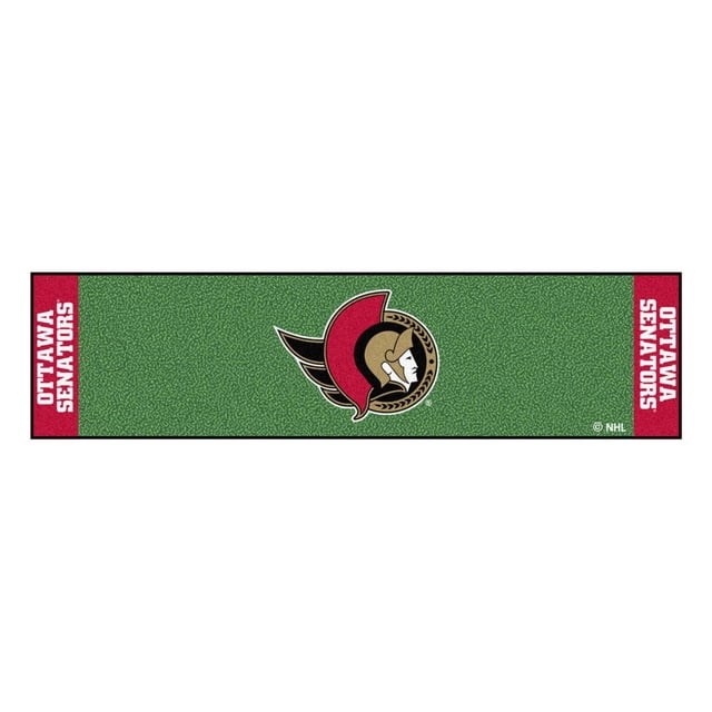 NHL - Ottawa Senators Putting Green Mat 18"x72" with a green textured putting surface, red end panels displaying white 'Ottawa Senators' text, and a central team logo in red, black, gold, and white. It features a vinyl backing to keep the mat in place and a target backstop for putting practice. Ideal for indoor golf training and doubles as a runner when not in use.