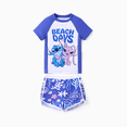 thumbnail image 1 of Disney Stitch Kid Girl 2pcs Character Tropical Floral Colorblock Print Short-sleeve Tops and Trunks UPF 50+ Swimsuit Set, 1 of 8