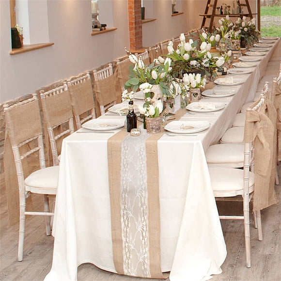 Chemin de Table en Dentelle de Jute Vintage, Design Romantique en Lin pour Mariages et Décor de Ferme