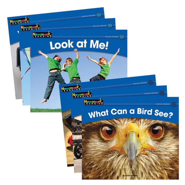 Rising Readers Social Studies, Single-Copy, Set Volumes 1 And 2, Set Of 24 by Newmark Learning. A set of 24 leveled children's story books for PreK-Grade 1, featuring vibrant covers with real-world photos and illustrations. Titles like 'Look at Me!' and 'What Can a Bird See?' include engaging visuals and educational content. Designed to develop reading, comprehension, and writing skills, integrating literacy with social studies topics. Multicolour covers with teaching tips, activities, and vocabulary support included.