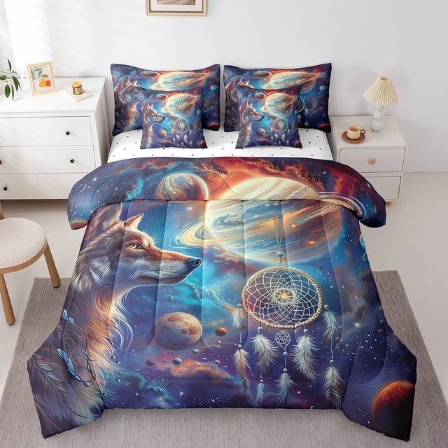 YST 7-Piece Boho Wolf Comforter Set, Twin, Celestial Horoscope, Dreamcatcher Moon Stars, Bed In A Bag