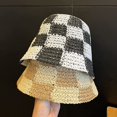 thumbnail image 3 of LinYooLi Straw Bucket Hat for Women Plaid Patchwork Crochet Fisherman Hat Outdoor Sun Protection Hollow Ladies Bucket Cap, 3 of 8