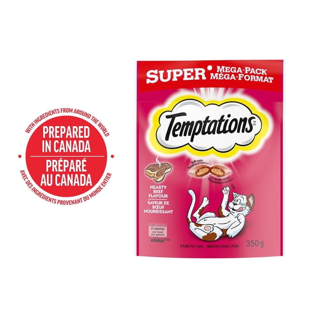 Temptations Hearty Beef Flavour Soft & Crunchy Adult Cat Treats 350g super mega-pack pouch featuring a playful white cat illustration, highlighting crunchy outside and soft inside texture, prepared in Canada with global ingredients for daily cat enjoyment.