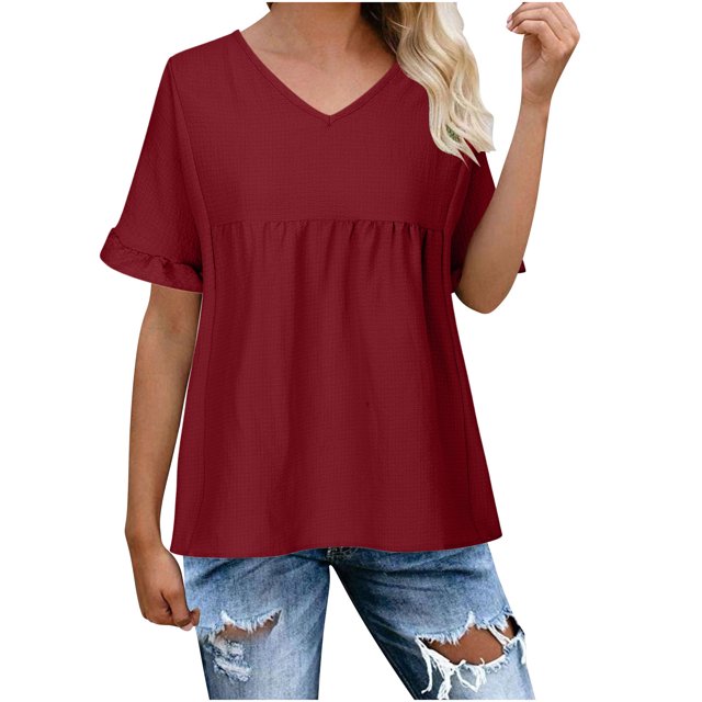 AherBiu Womens Tops Summer Ruffle Sleeve V Neck Loose Fitting Casual Solid Color Tops TShirts Tunics