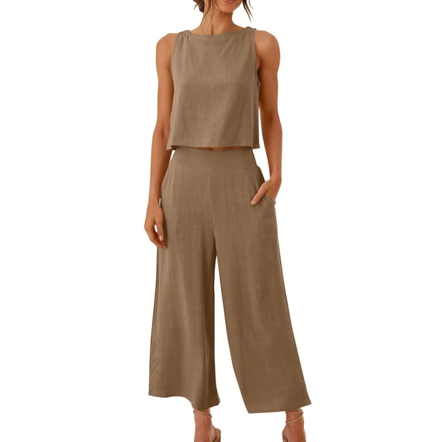 RKSTN Two Piece Set for Woman Round Neck Solid Color Sleeveless Blouse and Loose Pockets Pants Summer Outfits