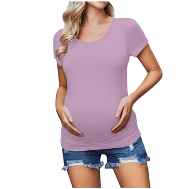 Penkiiy T-Shirts de Maternité pour Femmes Froncés sur les Côtés T-Shirt de Grossesse Haut Tunique Blouse Décontractée Vêtements pour Maman 2TG Violet