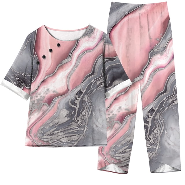 Mikilon Ensemble Élégant pour Femmes 2 Pcs Imprimé Manches 5/10 Col Rond + Pantalon Décontracté Ensemble Chic et Confortable Manches Courtes Col Rond Rose TP