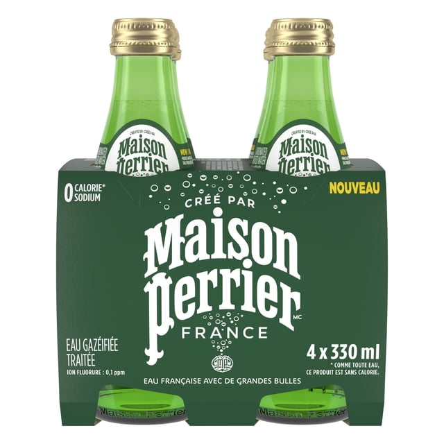 Maison Perrier Unflavoured Glass sparkling water four-pack with 330 ml green glass bottles capped in gold, in a dark green carrier with white French branding, featuring grand bubbles, zero sodium, and crisp French sparkling water quality, ideal as a refreshing alternative to sugary sodas.