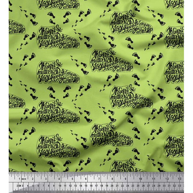 Soimoi Green Rayon Crepe Fabric Foot Print & Text Printed Fabric 1 Yard 46 Inch Wide