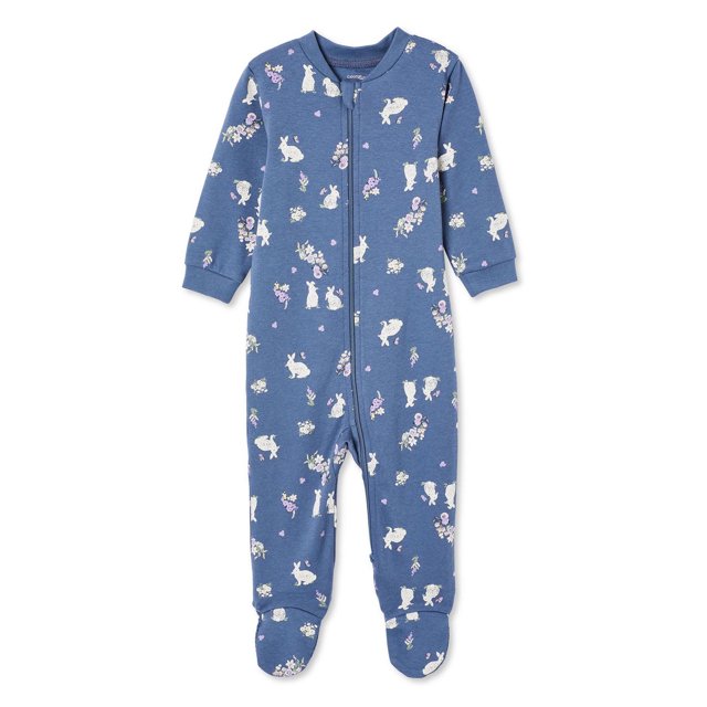 George Baby Girls' Printed Sleeper in blue with white bunny and floral print. Made of 100% cotton, this long-sleeve, footed sleeper features a crew neckline, ribbed cuffs, full-zip closure, and footlet grippers to keep baby warm and secure.