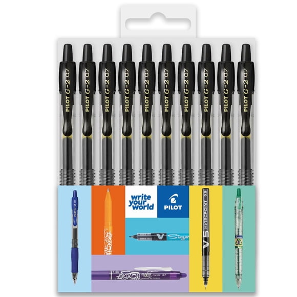 Pilot G-2 Retractable Gel Ink Rollerball Pens - 0.7mm Nib - Black - Wallet of 10