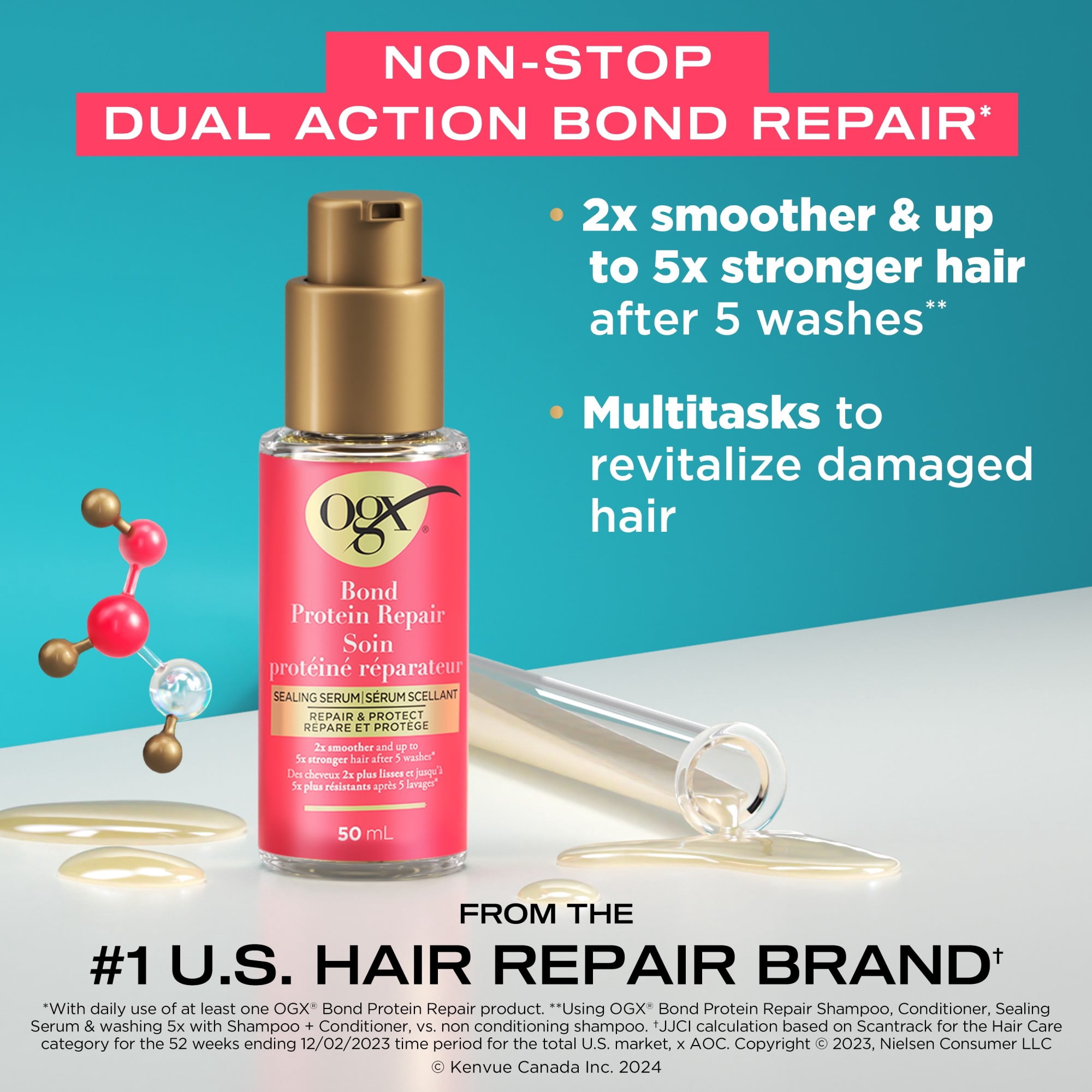 OGX® Répare & Protège Soin Protéiné Réparateur Sérum Scellant pour les Cheveux, Sérum Scellant pour les Cheveux Multitâche pour Revitaliser les Cheveux Abîmés pour des Cheveux Plus Doux, Cheveux