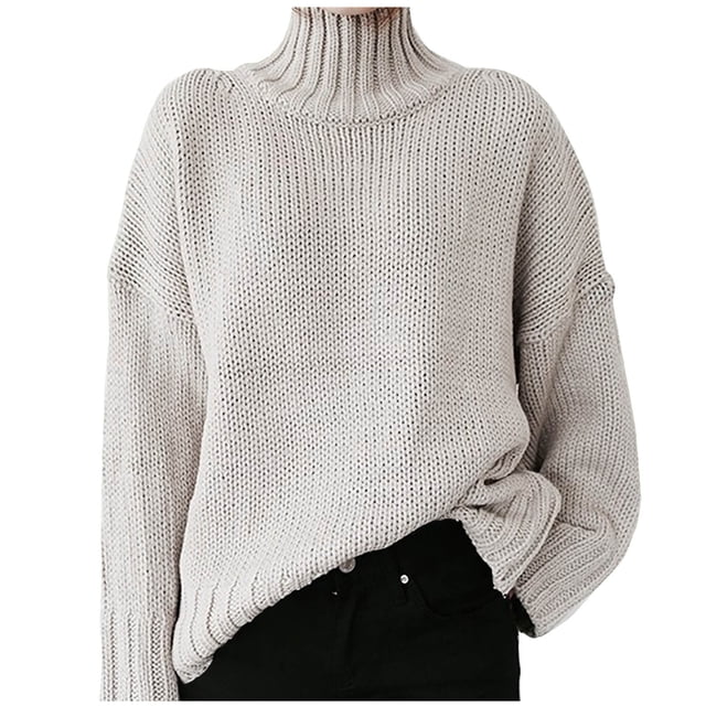 Mrat Chandail Court pour Femmes Uni à Manches Longues Chandail Robe Longue Chandails de Travail pour Dames Col Roulé Chandail Décontracté Hauts Blanc G