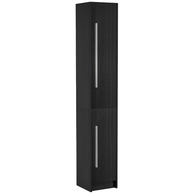HOMCOM Armoire de Rangement Haute pour Salle de Bain avec 3 Tablettes Ajustables en Fini grain de Bois Noir. Cette Armoire Mince et Compacte Présente un design Haut avec des Armoires Supérieures à 4 Niveaux et Inférieures à 2 Niveaux, des Tablettes Ajustables et des Poignées en Aluminium Argenté. Idéale pour les Espaces Étroits dans les Salles de Bain, les Chambres Ou les Couloirs, Elle Offre un Grand Espace de Rangement pour Organiser les Essentiels. Fabriquée en Panneau de Particules avec Revêtement en Mélamine et Conception Anti-Basculement pour la Sécurité. Dimensions : 11,8 Pouces de Large, 11,8 Pouces de Profondeur et 70