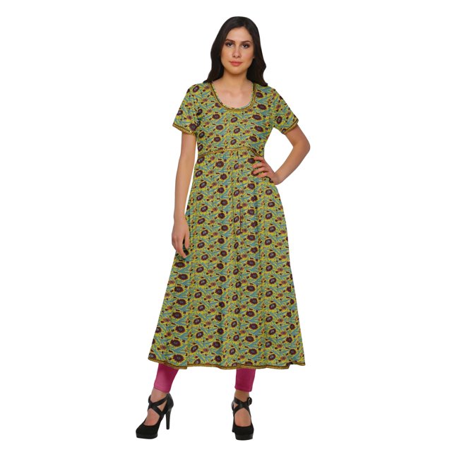 Moomaya Robe Kurti Longue Indienne Imprimée en Coton Tunique Robes pour Femmes
