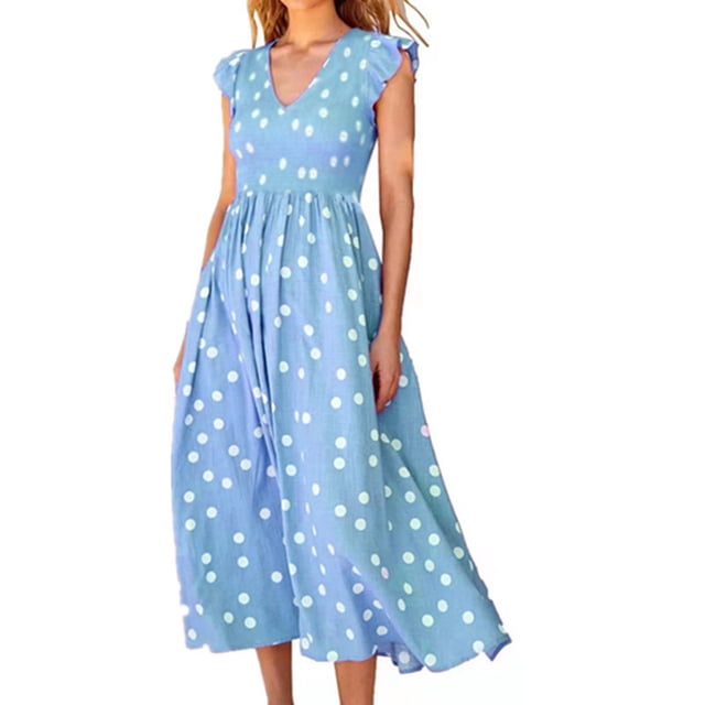 Robes Décontractées pour Femmes à Col en V à Pois, à Volants, Sans Manches, Robe d'Été Plissée Fluide pour la Plage et les Vacances, Longue Robe d'Été. Cette Robe Bleu Pâle à Pois Blancs Présente un Col en V, des Manches à Volants et un design Plissé Fluide, Parfaite pour les Vacances d'Été Ou les Sorties Décontractées.