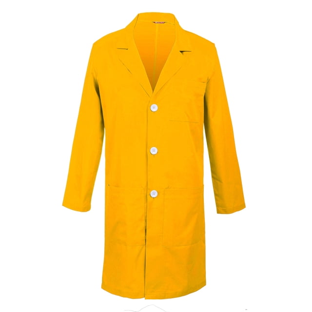 Men's lab coat by TAILOR'S in a vibrant yellow color, designed for workwear. Features a notched collar, vented back, and three pockets: two patch pockets and one chest pocket. Made from a blend of 65% polyester and 35% cotton for durability and comfort.