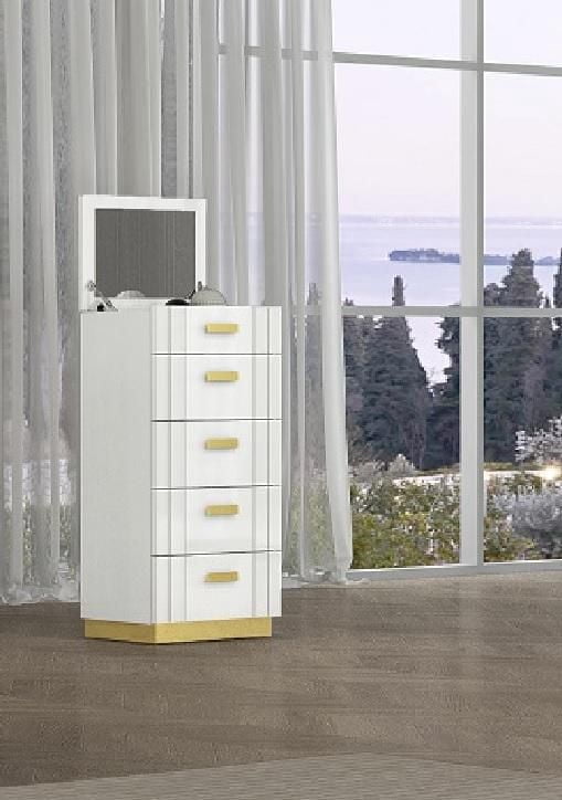 COFFRE TANNER EN ACCENT MÉTALLIQUE BLANC ET OR AVEC RANGEMENT MIROIR ET BIJOUX