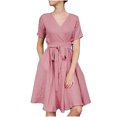 thumbnail image 2 of Jusqu'à 65 % de Rabais! Robes d'Été Mode pour Femmes 2024 Grande Taille Décontractées à Col en V Unies à Manches Courtes avec Ceinture à la Taille Robes avec Poche, 2 of 7