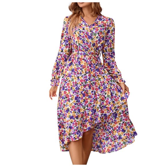 FcBaudy Long Sleeve V-Neck Knee-High Dress,Summer Dresses for Women,Womens Dresses Women's Long Sleeved Floral New Style Stylish Printed Casual V-neck Loose Fitting Dress Women Dress