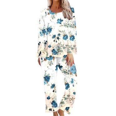 RKSTN Ensembles de Pyjama pour Femmes 2 Pcs Imprimé Col Rond Manches Courtes Chemise de Nuit et Ensembles Pantalon Vêtements de Détente Pyjamas avec Poches Pyjamas Doux et Confortables