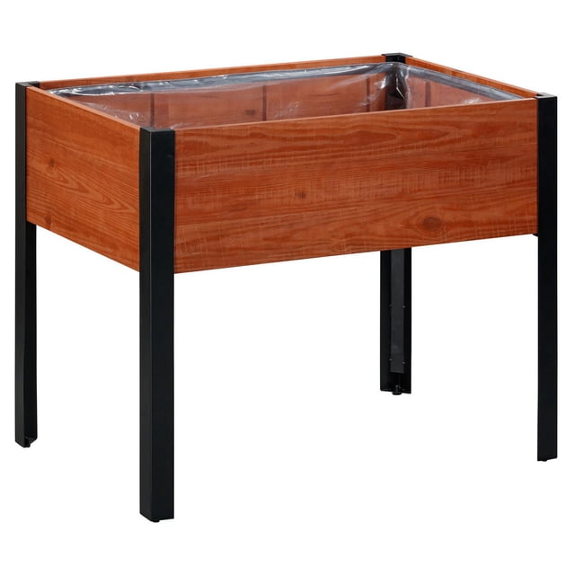 Grapevine Urban Garden Raised Planter in natural brown recycled pine wood with black powder-coated steel frame and legs, rectangular 37IN x 24IN planter box featuring a clear plastic liner, ideal for outdoor gardening of fruits, vegetables, or flowers.