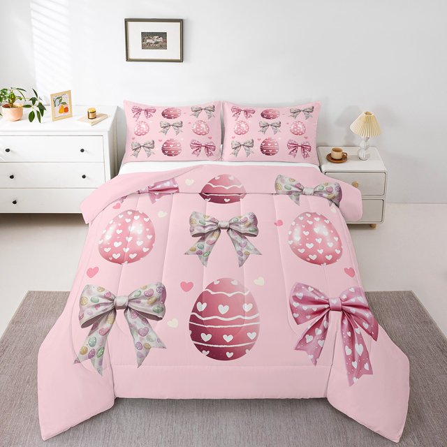Erosebridal Ensemble de Literie Œufs de Pâques Roses pour Filles, Housse de Couette Princesse avec Nœud, Réversible 2 Pcs