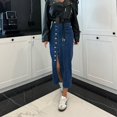 thumbnail image 2 of Aocisk Womens Stretch Denim Midi Skirt High Waist Casual Slit Design Front Button Up With Functional Pockets Blue M, 2 of 9