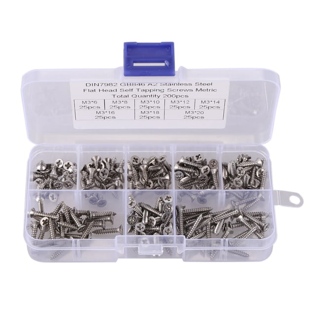 200Pcs M3 Stainless Steel Flat Head Screws Kits High Strength Self-Tapping Screws Assortment Set For Wood Furniture