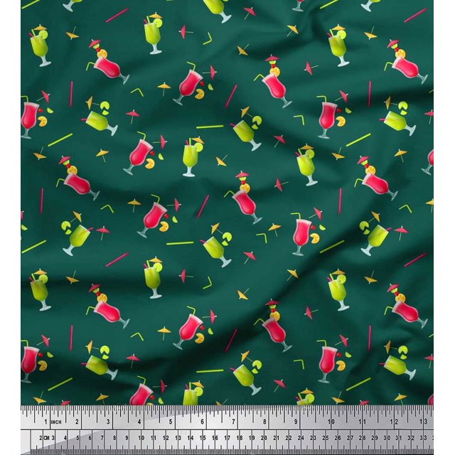 Soimoi Polyester Crepe Fabric Straw & Juice Beverages Printed Fabric 1 Yard 52 Inch Wide